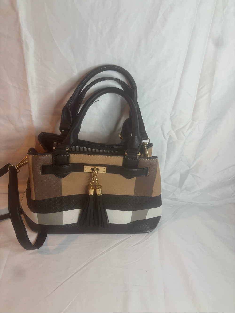 Structured Tassel Satchel Handbag in Beige and Black